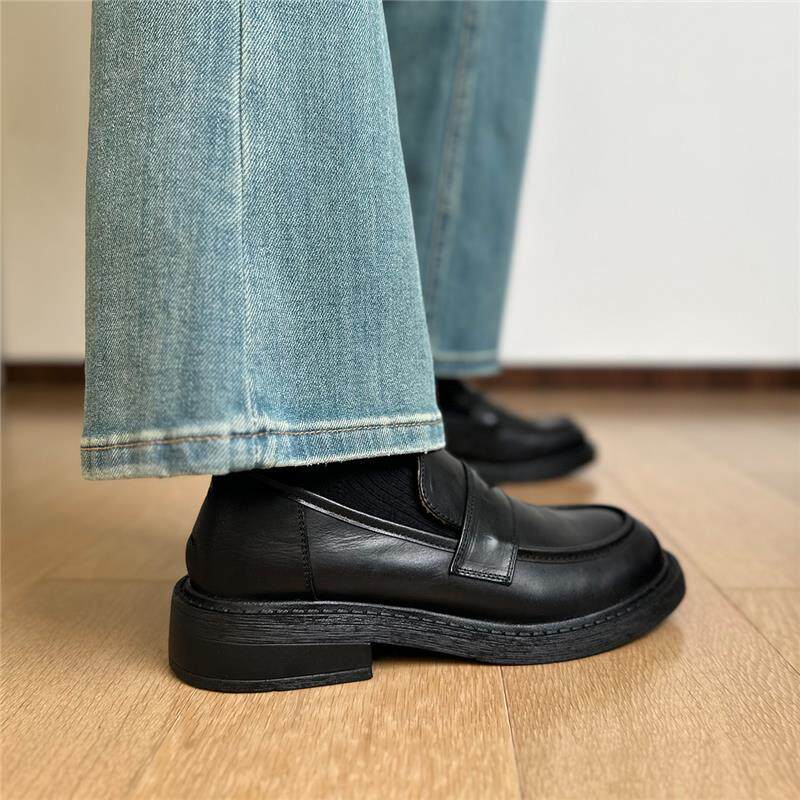 Giày lười nữ da thật Anh, mũi tròn, gót thấp 3–5 cm, đế bằng — màu đen chi tiết 10