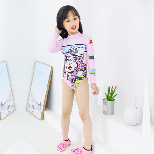 Children's swimsuit one-piece triangle long-sleeved girls small, medium and large children sweet and cute pink parent-child wear wholesale swimsuit
