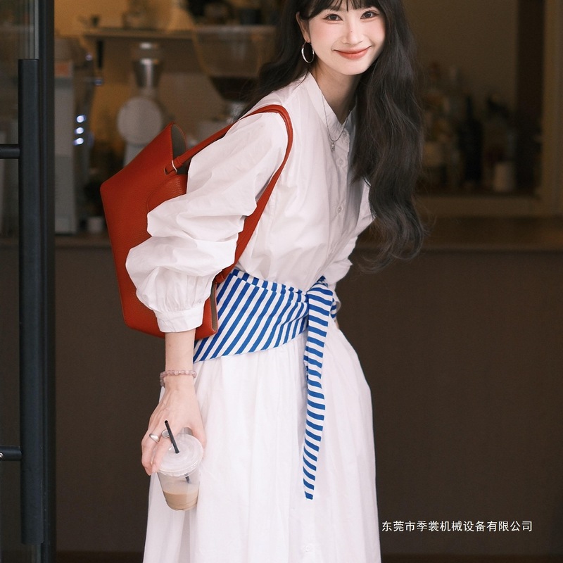 法式白色长袖衬衫连衣裙子女2025新款早秋气质感宽松显瘦长裙扎染|undefined
