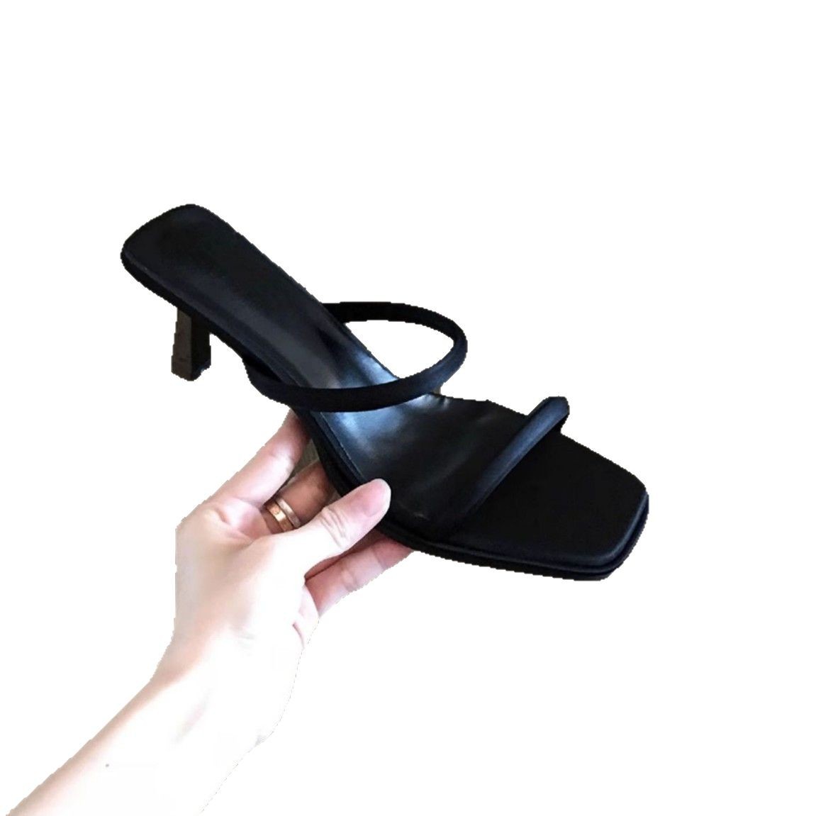 2025 Summer New Women's Outdoor Slippers, Black Thin-Strap Square-Toe Open-Toe Stiletto High-Heel Sandals_vogvips.com