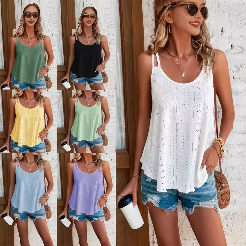 2023 European and American Cross-border Amazon Independent Station Shoulder Camisole Round Neck Jacquard Sleeveless Base Shirt Women