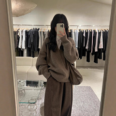 慵懒风灰色V领毛衣开衫外套女秋季新款高级感宽松斜襟针织衫上衣