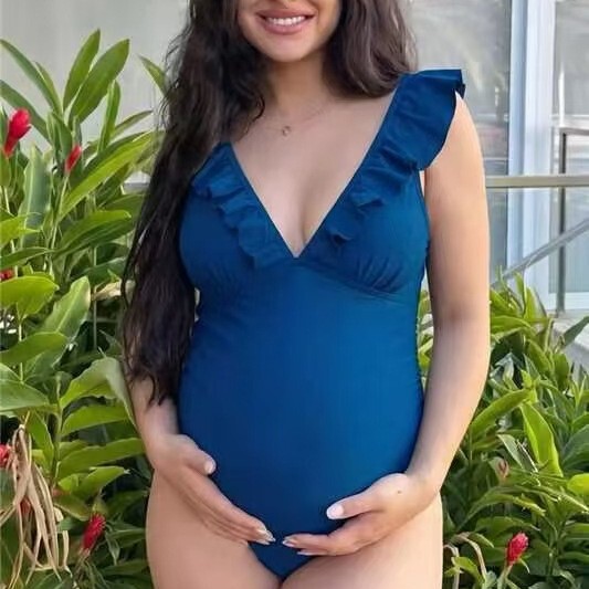 2026 New Striped Plaid Ruffle Trim Adjustable Shoulder Strap Back Tie Women's One-Piece Maternity Swimsuit for Vacation