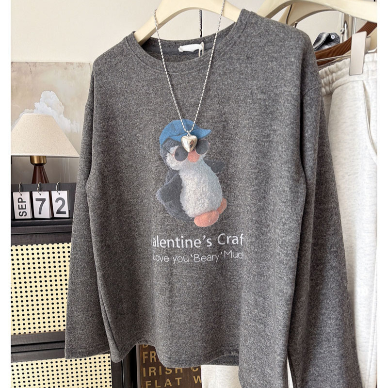Penguin Print Top, Stylish and Versatile, Loose Fit, Plus Size, Korean Style Inner T-Shirt