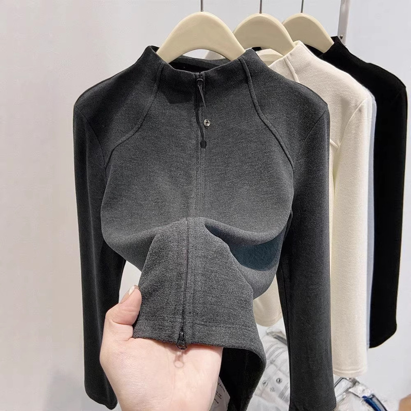 Ribbed Velvet Half-High Collar Autumn and Winter New Versatile Double Zipper Cardigan Slim Fit Base Shirt for Women, Direct Sales from the Manufacturer Ribbed Velvet Half-High Collar Autumn and Winter New Versatile Double Zipper Cardigan Slim Fit Base Shirt for Women, Direct Sales from the Manufacturer