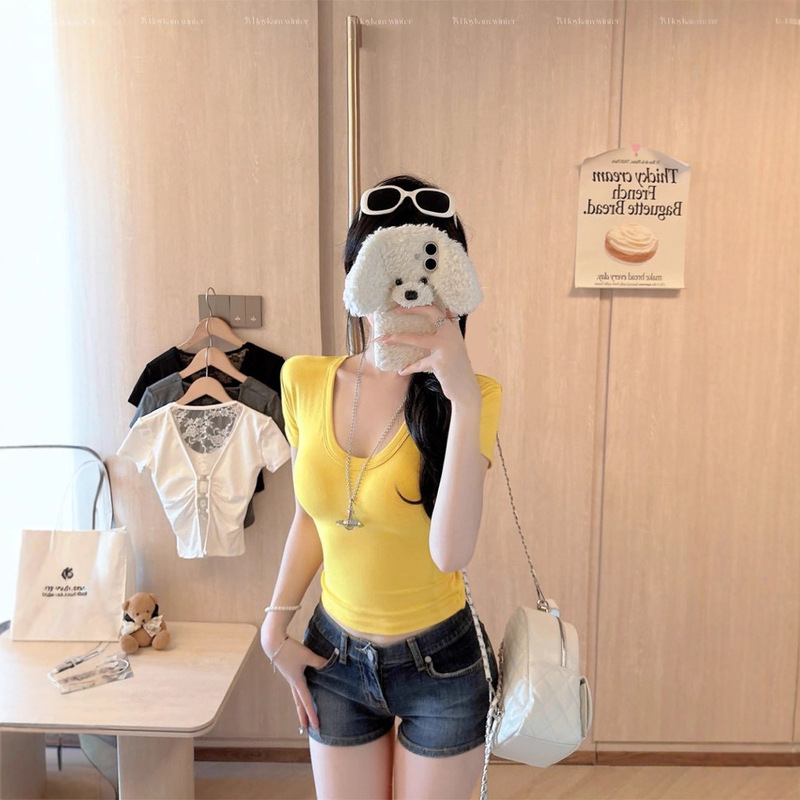 5130 # Summer New Style Right Shoulder U-Neck Showing Collarbone Short T-Shirt Slimming Look Lace Large Backless Fixed Sexy Versatile