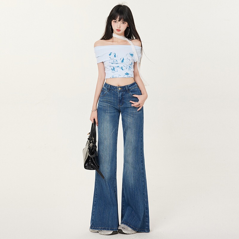 Heavy-duty bamboo pattern super retro blue American-style low-rise wide-leg flared jeans with a good fit & extra length Heavy-duty bamboo pattern super retro blue American-style low-rise wide-leg flared jeans with a good fit & extra length