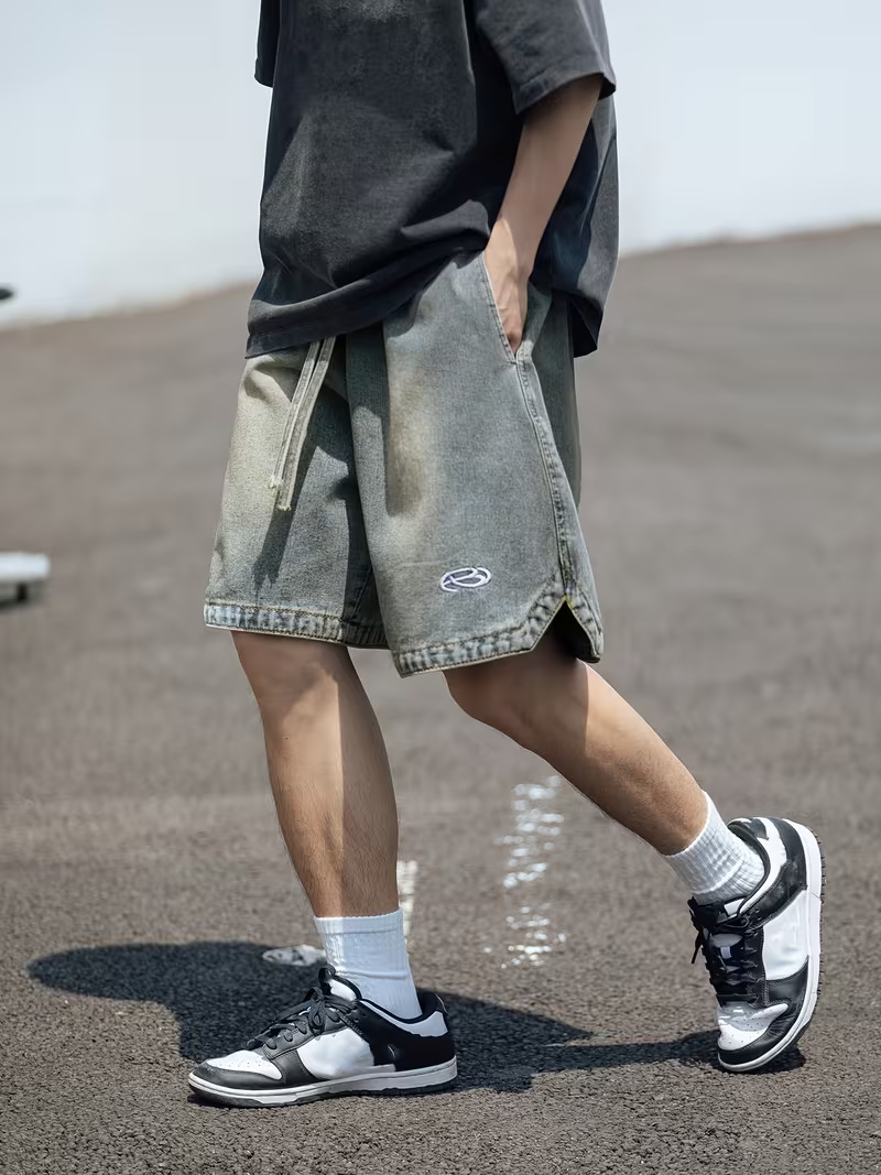 Men's Relaxed Fit Denim Shorts 5-Inch Inseam Drawstring Waist Casual Streetwear Summer Shorts Breathable Cotton Fabric_viptrois.com