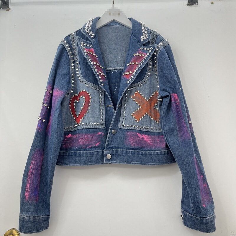 ヘビーデューティーラブダイヤモンド手描きデザインリベットデニムトップジャケットレディースファッションヒップホップアメリカンジャケットトレンディ|undefined