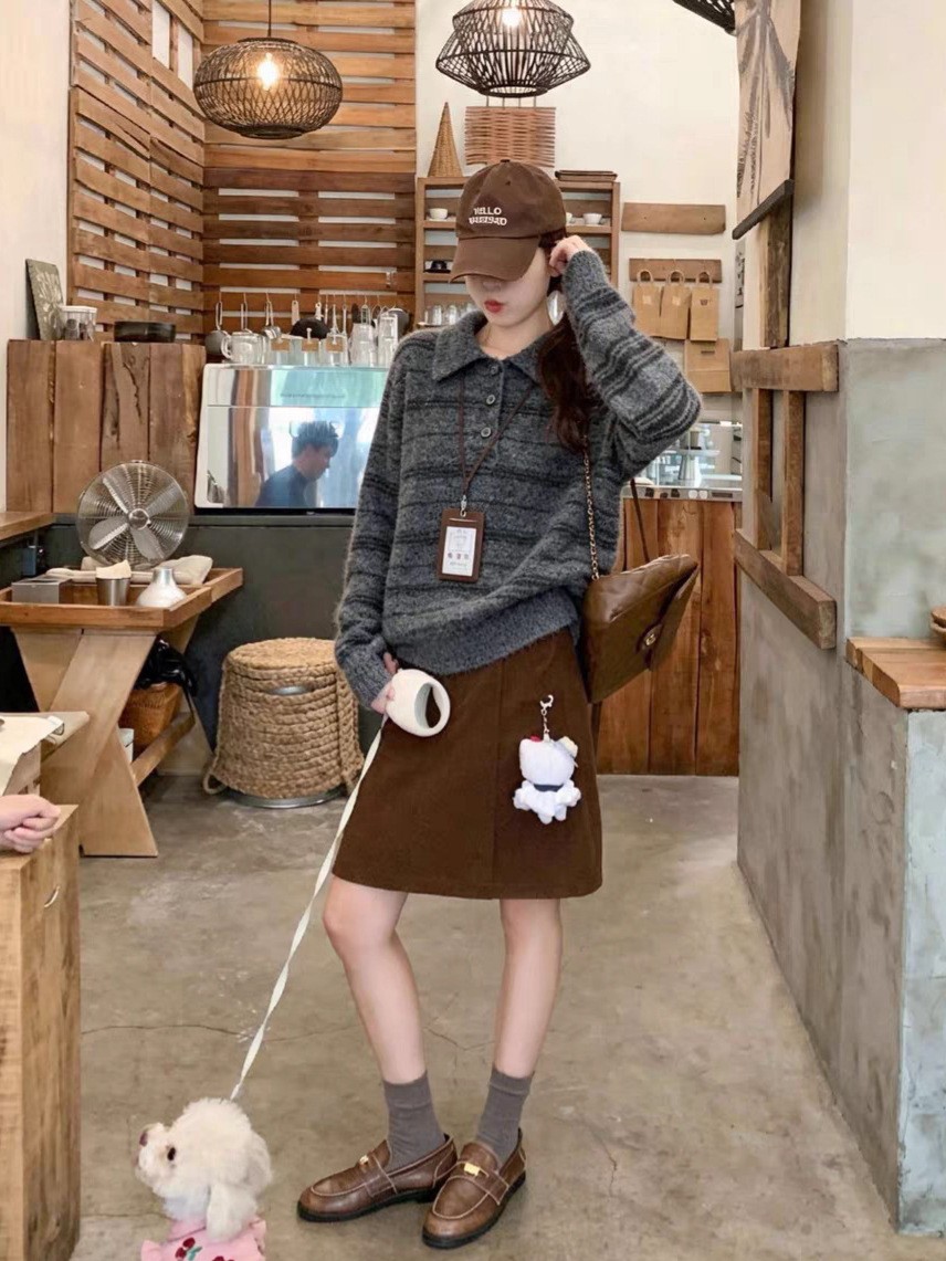 빈티지 폴로 넥 스트라이프 니트 스웨터 여자 가을 겨울 낙견 헐렁헐렁 박