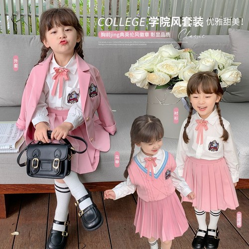 布丁哈鲁2023年新款女童学院风套装韩版女童外套裙子衬衫马甲套装