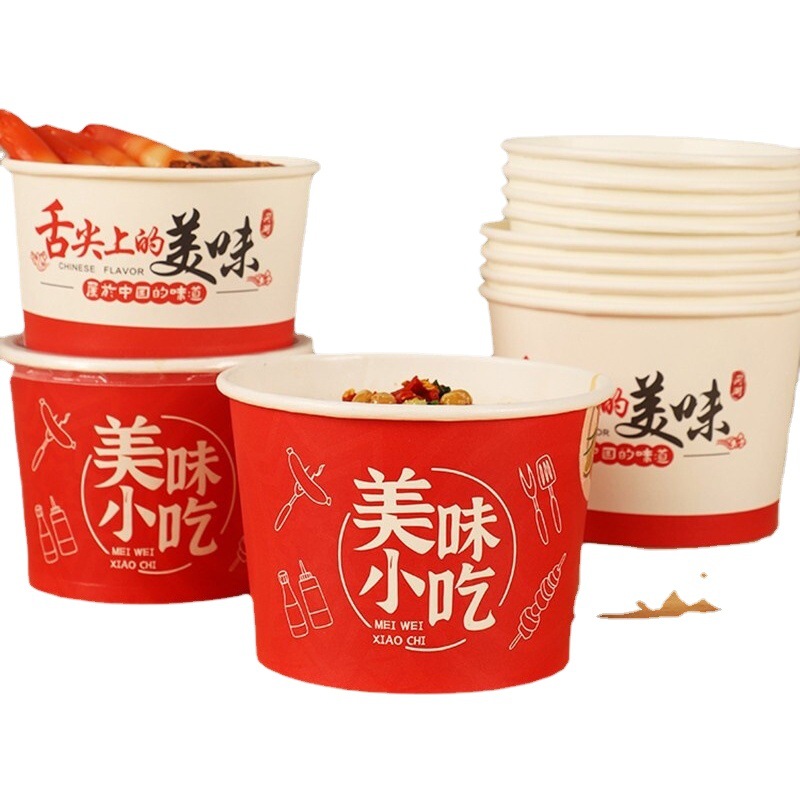 Tazón de papel desechable al por mayor caja de almuerzo redonda merienda caja de embalaje inauguración boda rojo tazón desechable comercial para llevar
