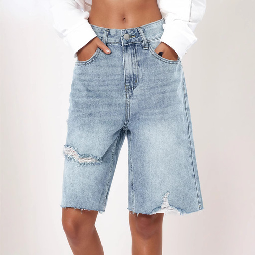 2025 Cross-border Summer New American High-Waist Retro Frayed Denim for Women Distressed Loose Hemmed Five-Pocket Pants