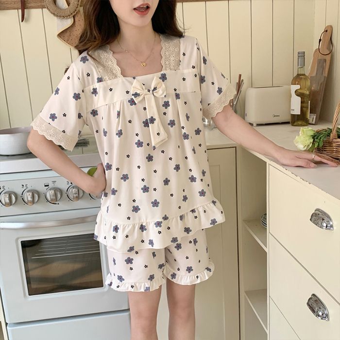 Venta al por mayor transfronteriza nueva versión coreana de encaje imitación algodón traje pijamas encaje verano chica pantalones cortos de manga corta traje de servicio a domicilio