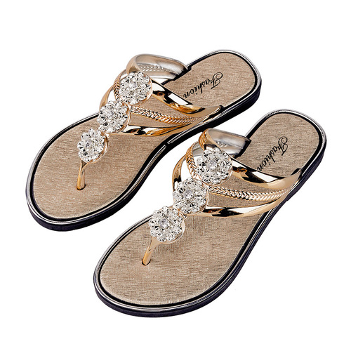 Diamond-studded flat sandals for women, beach casual outdoor sandals, herringbone thong sandals, flat water diamond cool sandals for women