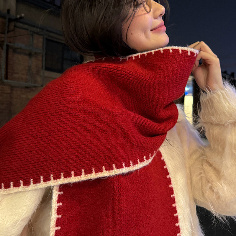 New Lock Edge Knitted Wool Scarf Winter Solid Color Small Fragrance Christmas Atmosphere Gift Soft Waxy Scarf_voghion.com