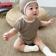 韩国同款新生婴儿柔软亲肤短袖连体哈衣打底三角爬服T恤帽子