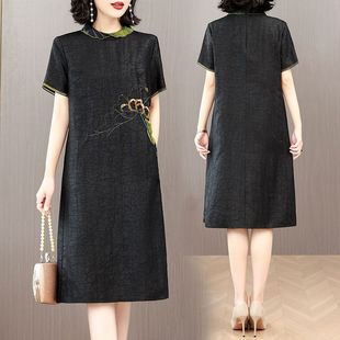 香雲紗連衣裙新款改良旗袍裙刺綉洋氣媽媽裝真絲字裙子