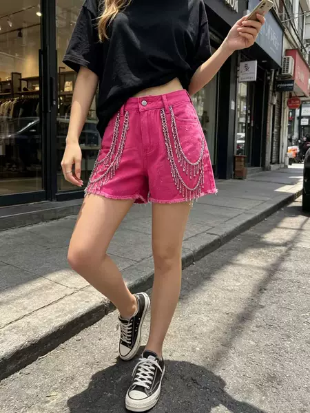 European and American Cross-Border Foreign Trade Hot-Selling Sexy Tassel Rhinestone Chain Denim Shorts for Women, Women's Jeans