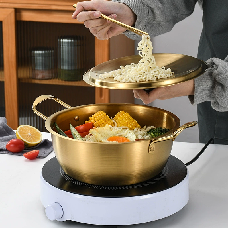 Stainless steel instant noodles pot ramen pot with lid double ear soup pot induction cooker open flame suitable for pots Korean design