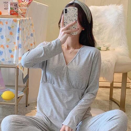 Three-piece postpartum clothing set without bra, spring, autumn and summer thin postpartum home clothes, maternity and maternity pajamas, women's single-piece pajamas hot