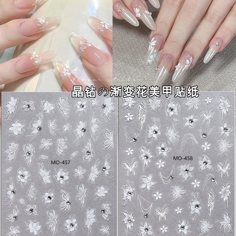White Flower Nail Art Sticker Embossed with Rhinestone Gradient Flower Butterfly Advanced Wearing Nail Sticker Floret