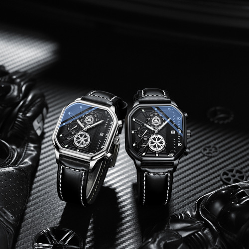 Morning Square Multifunctional Men's Watch Wholesale Chronograph Calendar Luminous Belt Cross-Border Fashion Quartz Watch