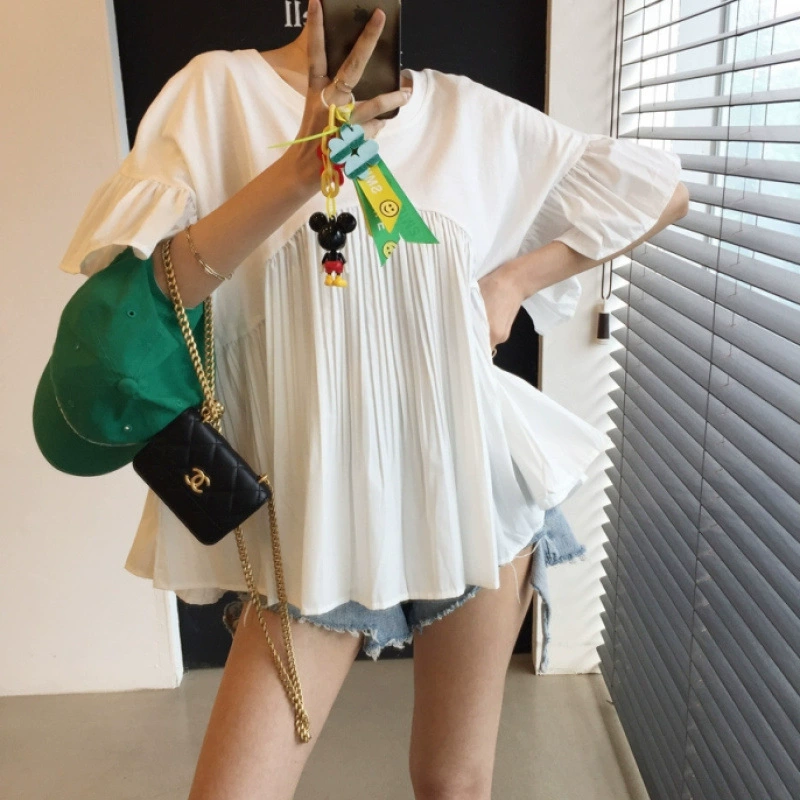 В наличии Корейская персонализированная рубашка-футболка с плиссированным подолом, высокой талией, свободным кроем, рюшами и рукавами-крылышками в стиле молодежной куклы.