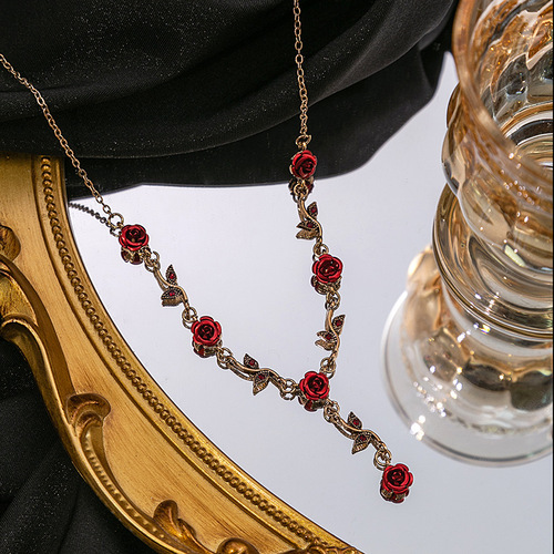 French-style Mori Girl Rose Earrings, Vintage Romantic Red Flower Bracelet, and Niche Designer Necklace Set