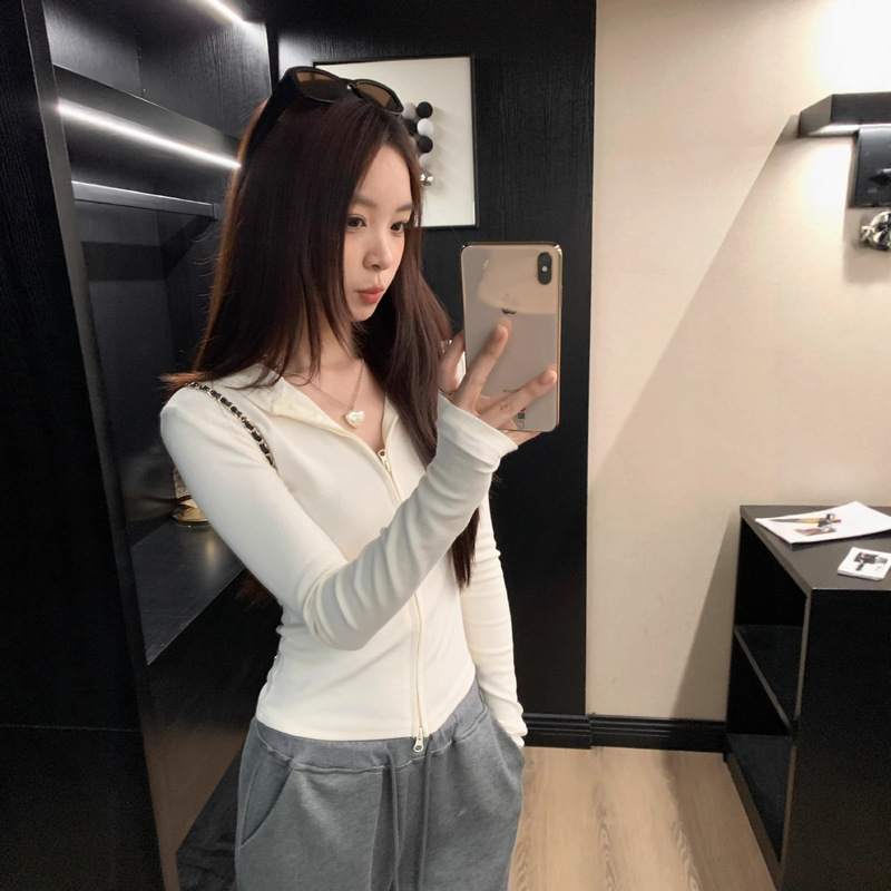 American-Style Right Shoulder Hooded Long-Sleeved Jacket for Women Autum 2025 New Versatile Pure Color Slim Zipper Cardigan Top Trendy
