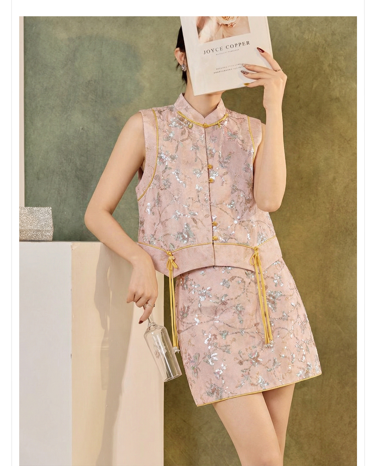 Áo hai dây thêu sequin phối tua rua cổ đứng – set chân váy midi phong cách tân Trung Hoa — nửa váy, Trang chủ chi tiết 2