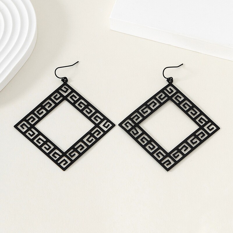 Trendy and Fashionable Simple Hollow Design with a Royal Vibe, Black Diamond-Shaped Hollow Earrings for Women with White Patterns Inside Trendy and Fashionable Simple Hollow Design with a Royal Vibe, Black Diamond-Shaped Hollow Earrings for Women with White Patterns Inside