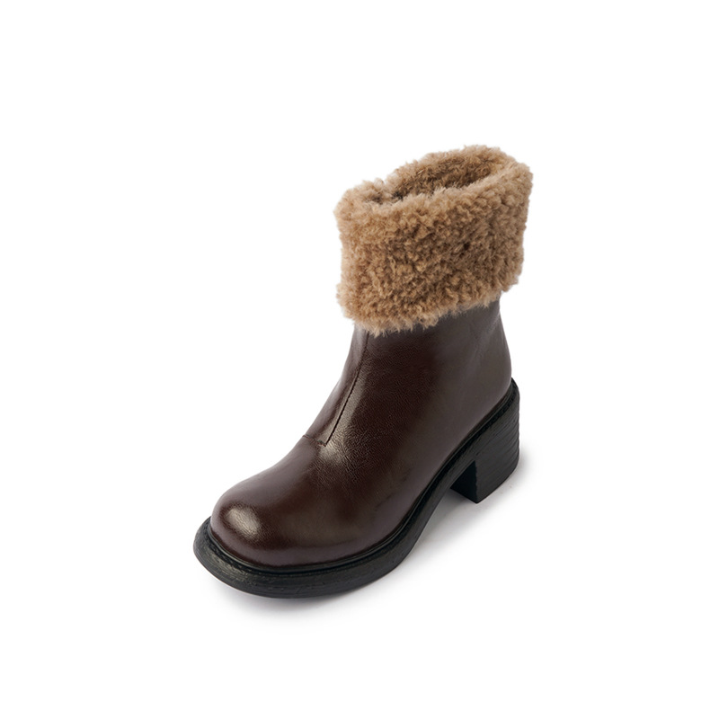 Boot nữ mũi tròn cổ ngắn lót lông giữ ấm gót cao — màu đen