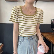 气质方领条纹短袖t恤女夏季新款设计感小众锁骨显瘦短款针织上衣