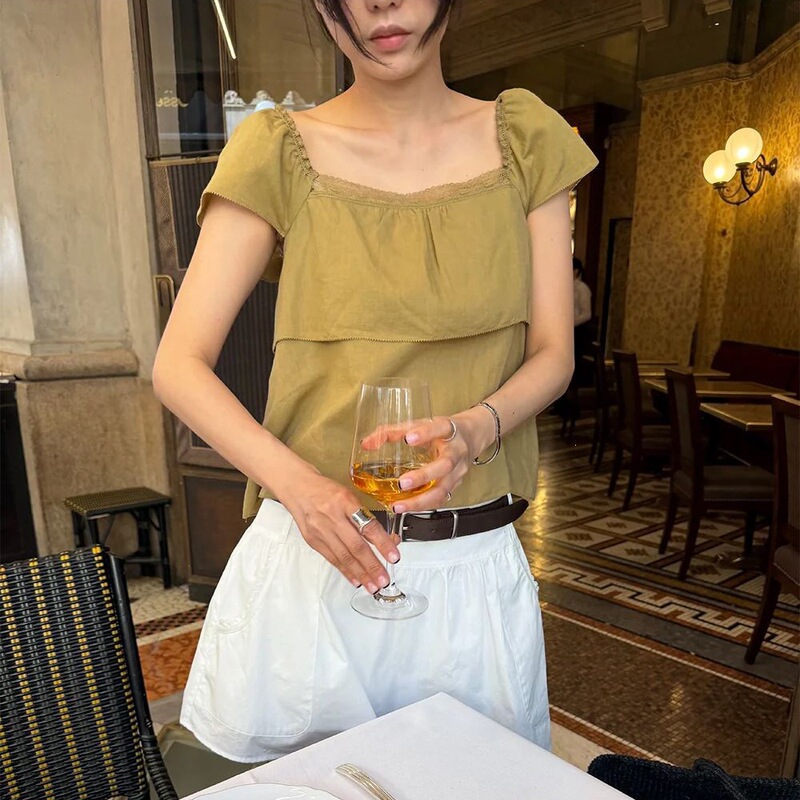 Korean Chic French Retro Square-Neck Shirt with Gentle Lace Trim, Short-Sleeve Top, Green One-Size-Fits-All, White Off-Shoulder Korean Chic French Retro Square-Neck Shirt with Gentle Lace Trim, Short-Sleeve Top, Green One-Size-Fits-All, White Off-Shoulder