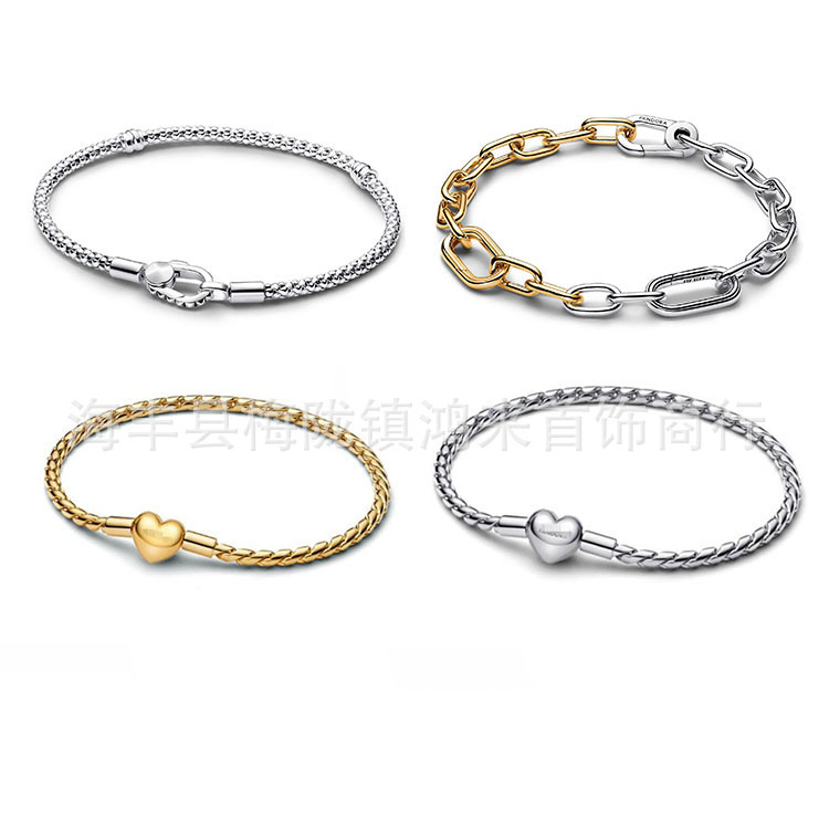 Pan's New White Copper Silver-Plated Spring Bracelet with Dual Gold Heart Design Me Series Jewelry Bracelet Pan's New White Copper Silver-Plated Spring Bracelet with Dual Gold Heart Design Me Series Jewelry Bracelet