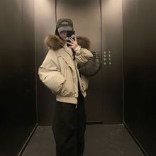 复古高级新款牛角扣连帽大毛领90羽绒服女美式复古派克服冬季外套