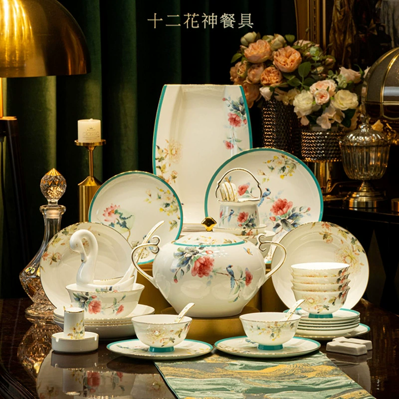 Двенадцать Богов Цветы керамическая посуда набор Jingdezhen Новый китайский стиль фарфорная посуда миска и набор тарелок свадебный приданое