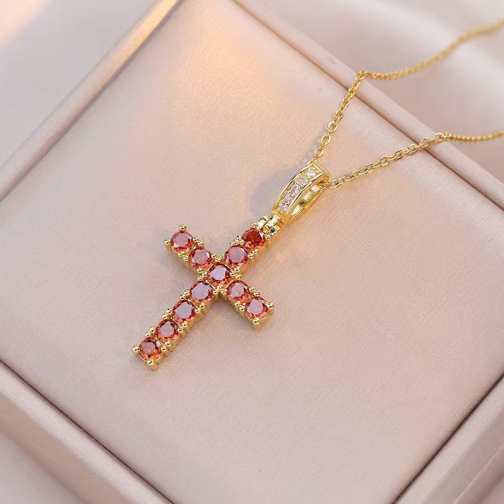 Wholesale Jewelry Shiny Cross Titanium Steel Zircon Inlay Pendant Necklace Cable Chain display picture 14