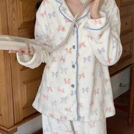 跨境专供外贸韩系冬季双面绒彩色蝴蝶结翻领简约家居服睡衣套装女