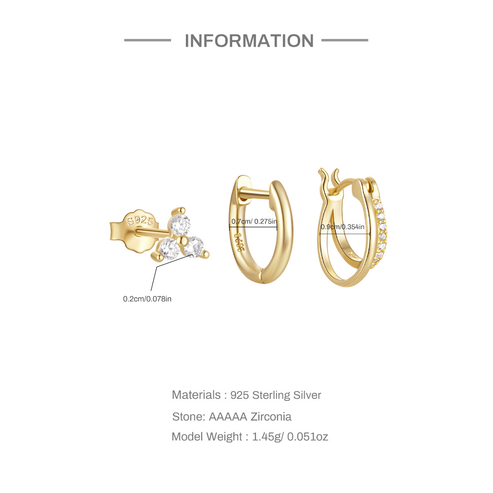 3 Pieces Set Simple Style Commute Geometric Plating Inlay Sterling Silver Zircon Earrings display picture 2