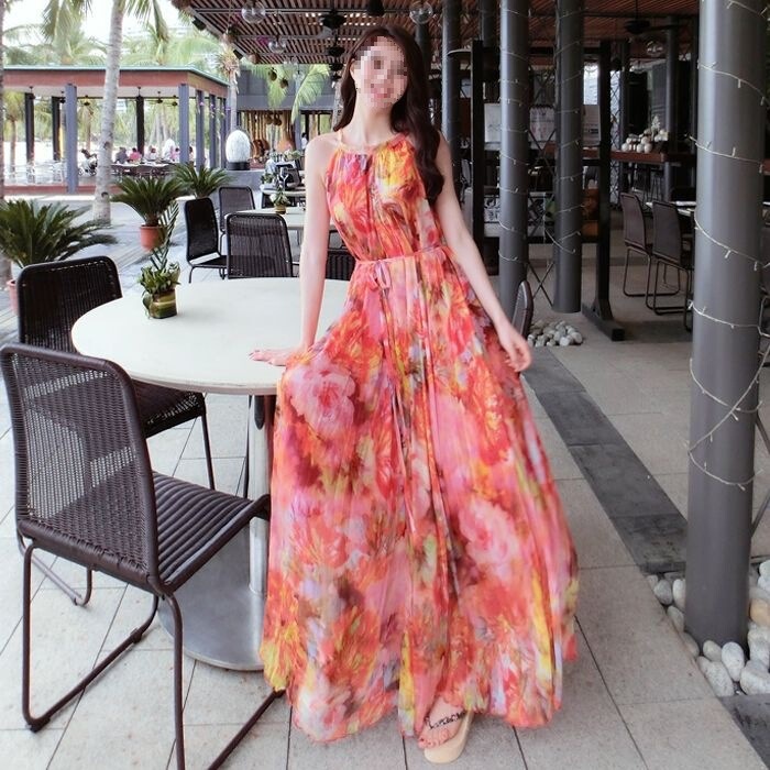 Floral Chiffon Long Dress Beach Dress with Straps for Women, Summer, Large Hem, Sleeveless, Extra Long, Ankle-Length, Halter Neck Dress, Long Skirt Floral Chiffon Long Dress Beach Dress with Straps for Women, Summer, Large Hem, Sleeveless, Extra Long, Ankle-Length, Halter Neck Dress, Long Skirt