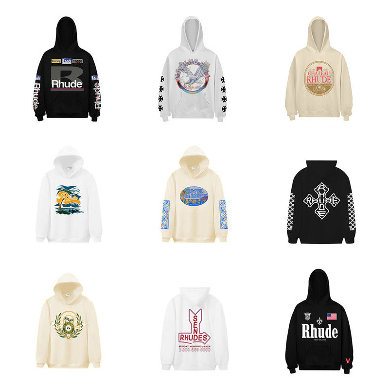 25S Cross-Border European and American Trendy Brand Rhude Geometric Letter Pattern Printed Hooded Sweatshirt for Men and Women High Street Hoodie Jacket