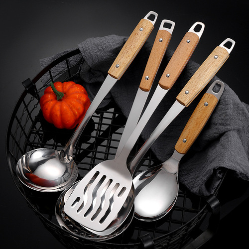 Stainless steel spatula household combination set kitchen half wooden handle large colander anti-scalding cooking spatula cooking spoon
