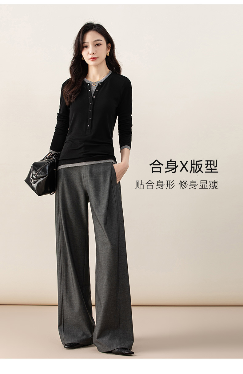 Áo thun giả hai mảnh nữ cổ tròn, chất len Tencel mỏng nhẹ, phối màu patchwork — đen chi tiết 17