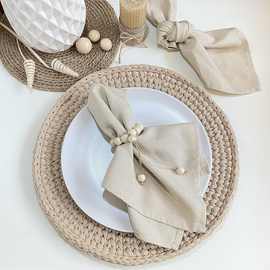亚马逊餐巾环新款编织麻绳餐巾扣餐巾圈口布环欧美田园风木珠流苏
