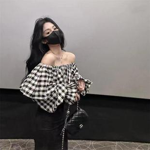 2024 Spring Plaid Lotus Leaf Collar off-shoulder/Strap Black Fishtail Dress Fashionable Simple Atmospheric Slimming suit