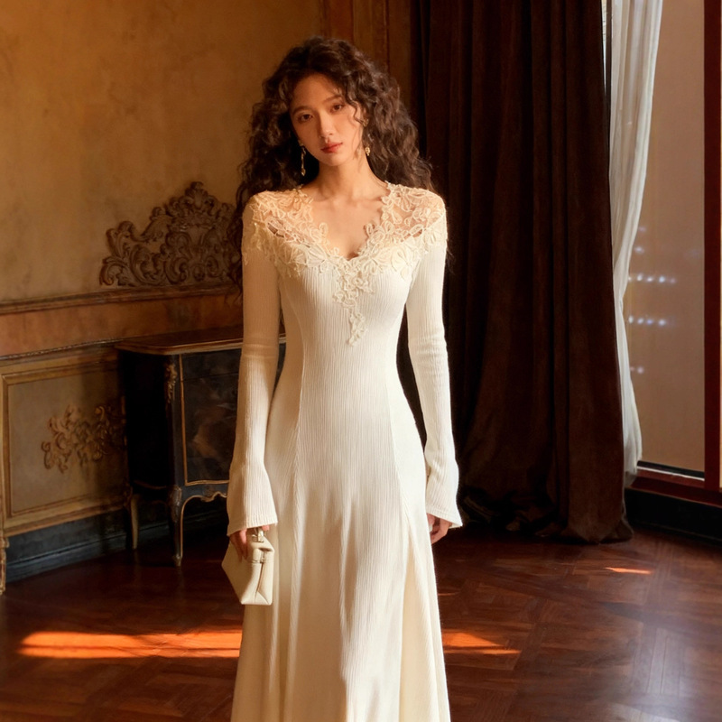 Autumn and Winter New Style with Gentle Snow Atmosphere Lace V-Neck Knitted Dress with Waist Slimming Look A-Hem Long Skirt