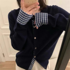 设计感拼接格纹针织开衫上衣女秋冬新款韩系休闲显瘦打底毛衣外套