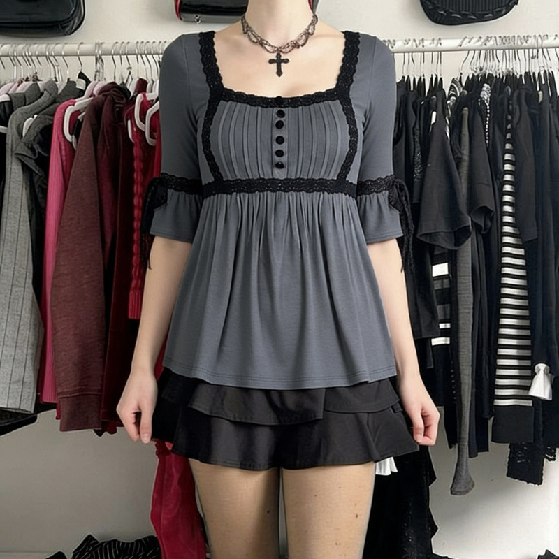 Y2K Pleated Loose Basic Babydoll Top with Dark Gothic Lace Trim, Lace-Up Sleeves, and Square Neck T-Shirt